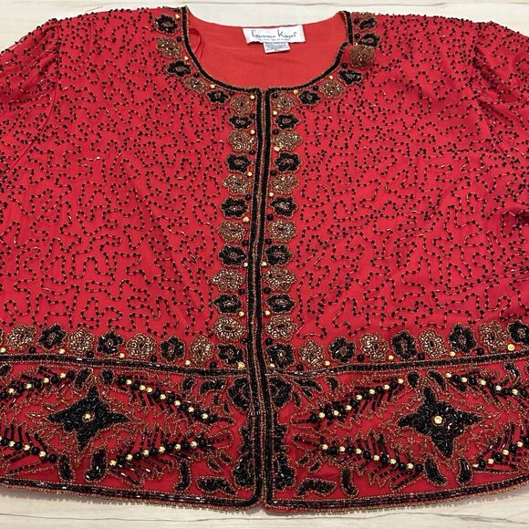 Laurence Kazar XL Formal Jacket Red Collarless Crop Black Gold Beads Lined VTG - Picture 3 of 6
